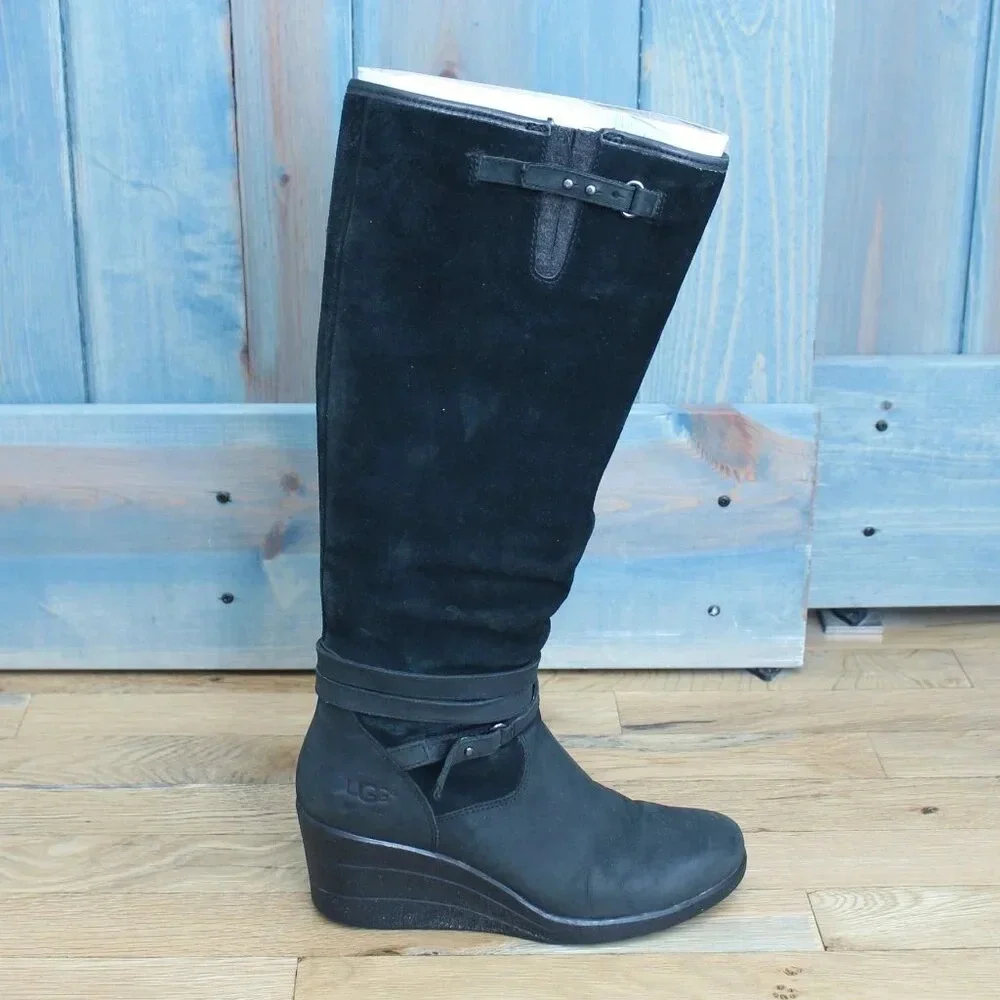UGG Lesley Waterproof Suede Wedges Knee High Zip Warm Boots Size 6